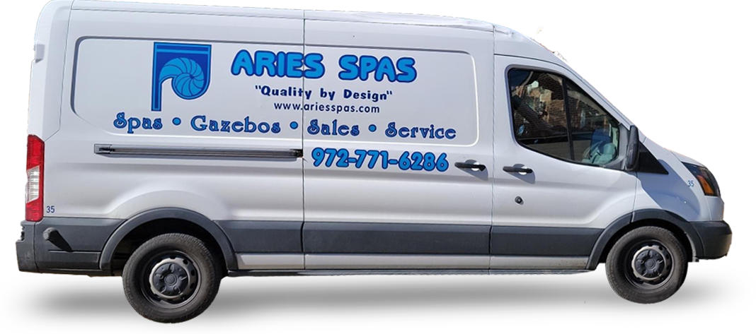 A van with the words aries spas written on it.